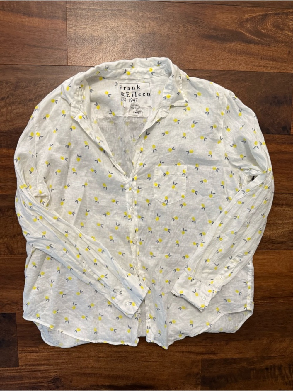 Frank & Eileen White Linen Button-Down Shirt with Yellow Print